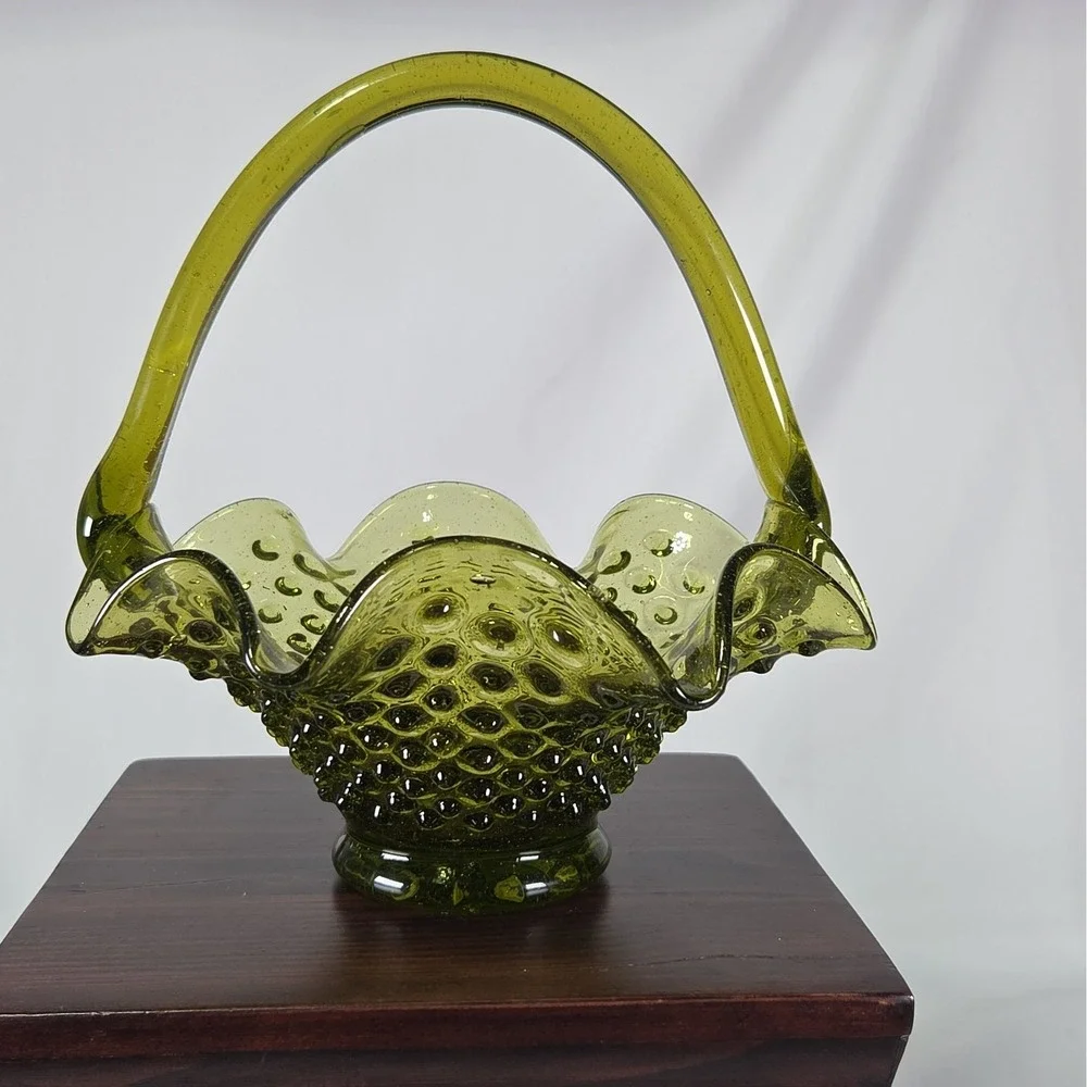 Vintage Fenton Hobnail Ruffle Glass Basket Green